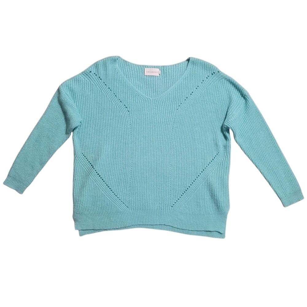 Dreamers Women's Teal Green Knitted V-Neck Tunic Sweater